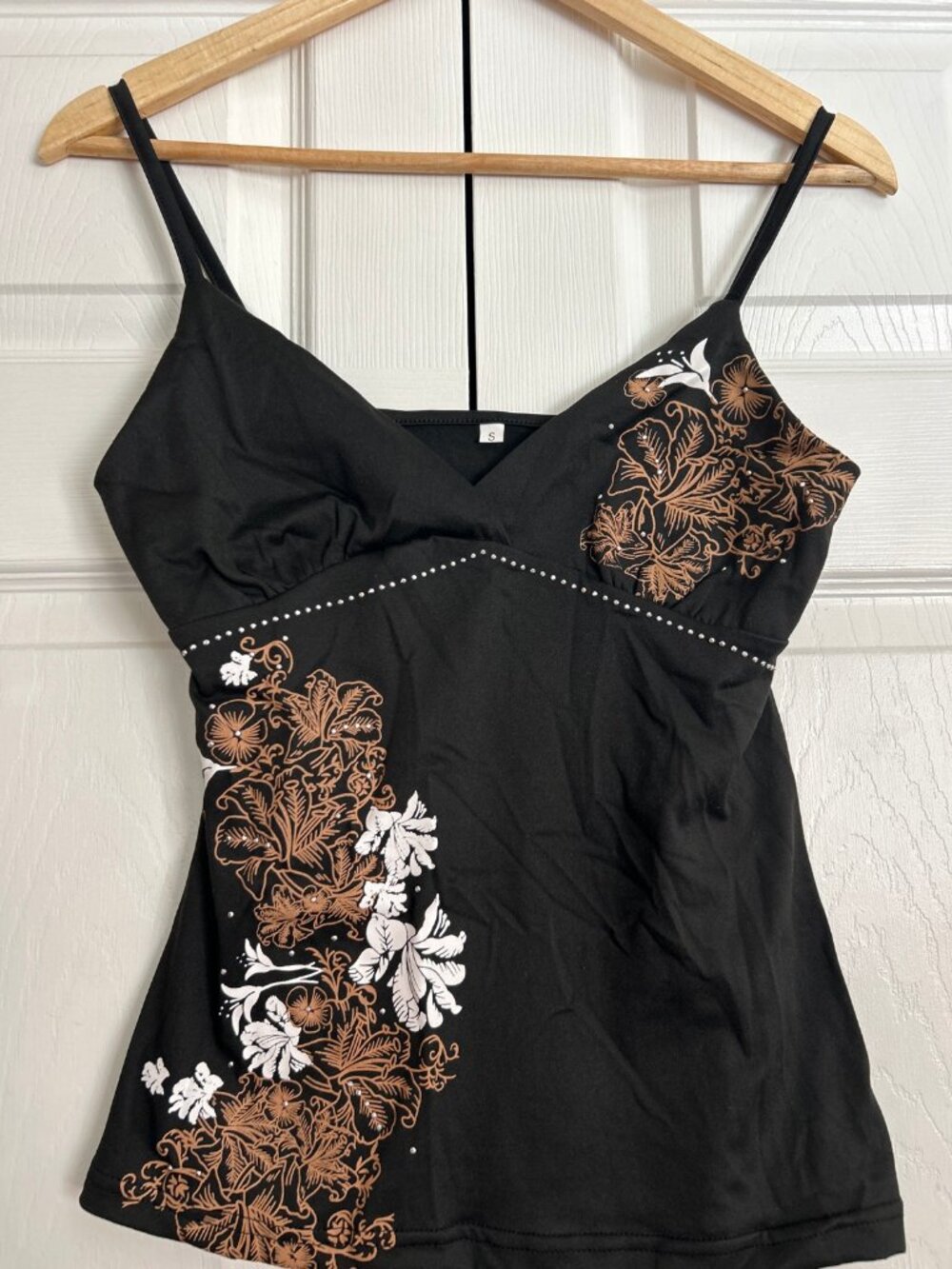 Y2K Black Floral Embroidery Cami Brown White Flowers Studded Bust Size S